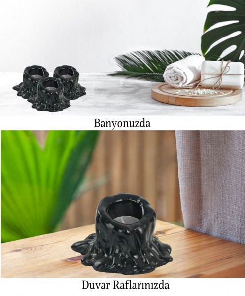 Siyah Mumluk Şamdan 3 Adet Tealight Uyumlu Üçlü Küçük Erimiş Mum Model